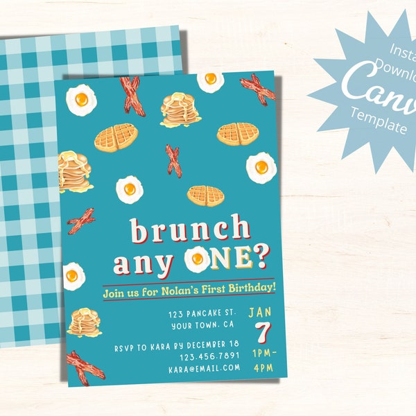 Editable First Birthday Invitation, Brunch Anyone, Brunch Birthday Party, Breakfast, Baby Boys 1st Birthday, Instant Download Template