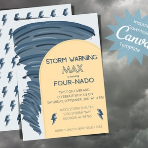 Tornado Birthday Party Invitation, Editable 4th Birthday Twister Invite, Four Nado Kids Party, Boys Storm Party, Instant Download Template
