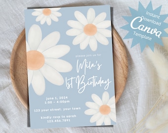 Blue Daisy Invitation, Any Age Birthday Invite, Boho Floral Girls Birthday Invite, Daisy First Birthday, Instant Download Template