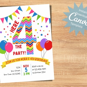 Invito modificabile per il 4° compleanno dei bambini, Qui 4 la festa, Palloncini dai colori vivaci, Arcobaleno per il quarto compleanno, Colorato, Modello di download istantaneo