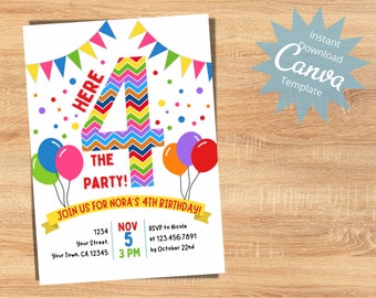 May include: A colorful birthday party invitation with a large number 4, balloons, and confetti. The text reads "Here the party! Join us for Nora's 4th Birthday!" with details for the event: November 5th at 3 PM, 1234 Your Street, Your Town, CA 12345, RSVP to Nicole at 123.456.7891 by October 22nd.