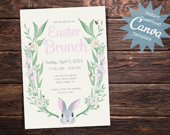 Easter Brunch Invitation, Easter Celebration Invitation, Easter Egg Hunt Invite, Floral Easter Bunny Invite, Instant Download Template