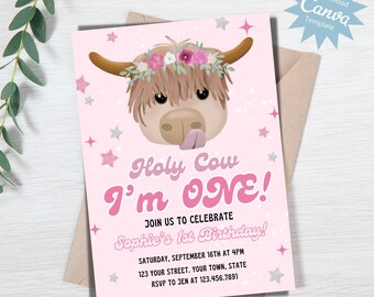 Holy Cow I’m 1 Birthday Invitation, Any Age Birthday Invite, Floral Cowgirl, Nashville Birthday Barnyard Birthday, Editable Instant Download