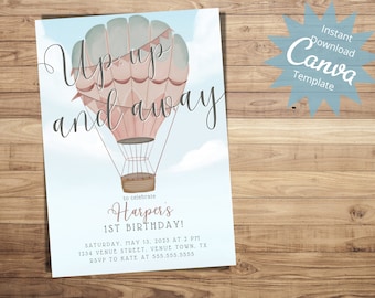 Editable Hot Air Balloon Birthday Invitation, Customizable Kids Birthday Invite, Up Up and Away Party Invite, Instant Download Template