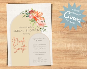 Editable Boho Bridal Shower Invitation, Bridal Shower Invite, Floral Boho Invitation, Pink and Orange Floral Invite, Instant Download
