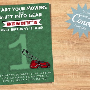 Editable Kids Birthday Invitation, 1st Birthday, Lawnmower Invitation, Baby Boy Birthday Party Invite, Start your Engines, Instant Download