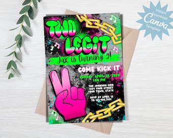 Two Legit Birthday Invitation, 2nd Birthday Party Invite, Two Legit To Quit Invitation Template, Graffiti Invite, Editable Instant Download