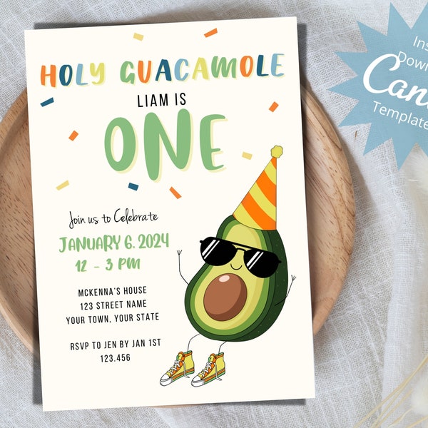 Holy Guacamole Boys Birthday Invitation, Green Orange Avocado Any Age Birthday Invite, Cinco de Mayo Birthday, Editable Instant Download