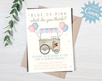 Gender Reveal Party Invitation, Blue or Pink what Do you Think Invite, Ice Cream Cart Invite, Gender Announcement, Editable Instant Download