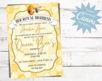 Queen Bee Invitation, Queen Bee Birthday, Royal Celebration, Her Royal Highness, Bee Birthday, Elegant Birthday, Instant Download Template