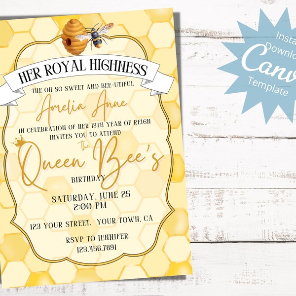 Queen Bee Invitation, Queen Bee Birthday, Royal Celebration, Her Royal Highness, Bee Birthday, Elegant Birthday, Instant Download Template