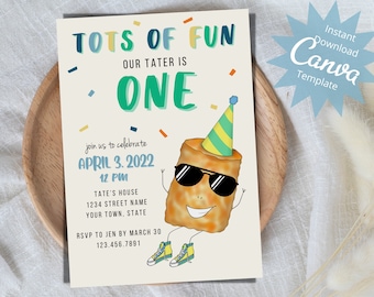 Tater Tot First Birthday Invitation, Little Tater Tot 1st Birthday Invite, Tate Invitation, Tots of Fun Invite, Editable Instant Download