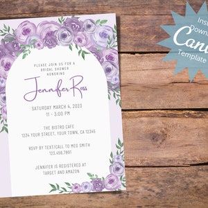 Editable Bridal Shower Invitation, Purple Floral Bridal Shower, Watercolor Flower Invitation, Lilac Bridal Shower, Instant Download Template