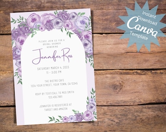 Editable Bridal Shower Invitation, Purple Floral Bridal Shower, Watercolor Flower Invitation, Lilac Bridal Shower, Instant Download Template