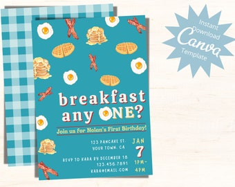 Editable First Birthday Invitation, Breakfast Anyone, Breakfast Birthday Party, Brunch, Boys 1st Birthday, Instant Download Template