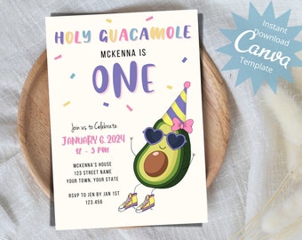Holy Guacamole Pink Purple Birthday Invitation, Avocado Any Age Birthday Invite, Cinco de Mayo Birthday, Editable Instant Download