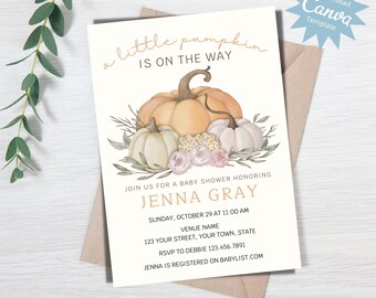 Little Pumpkin is On the Way Invitation, Fall Baby Shower Invite, Autumn Baby Shower, Gender Neutral Baby Shower, Editable Instant Download