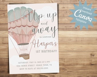 Editable Pink Hot Air Balloon Birthday Invitation, Customizable Kids Birthday Invite, Up Up and Away Party Invite, Instant Download Template
