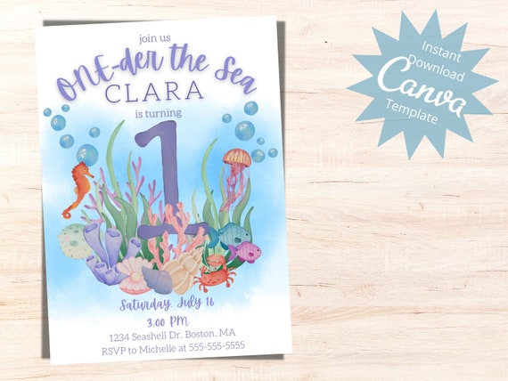 Buy EDITABLE One-der the Sea Invitation, Girls 1st Birthday, First