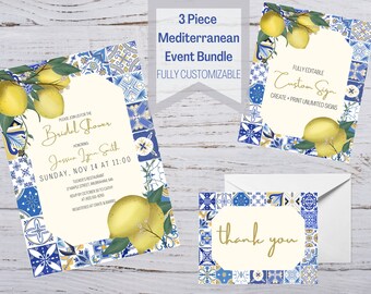 Baby Shower and Baptism Bundle, Mediterranean Invitation, Mediterranean Thank You, Mediterranean 5x7 + 8x10 Sign, Instant Download, Editable
