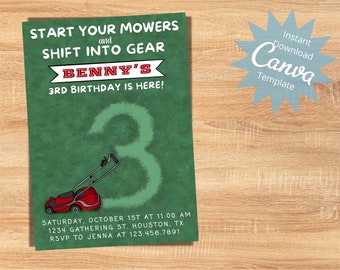 Editable Kids Birthday Invitation, 3rd Bday, Lawnmower Invitation, Boys Third Birthday Party Invite, Start your Engines, Instant Download