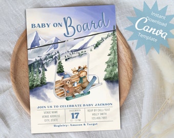 Baby on Board Invite, Snowboarding Baby Shower Invitation, CoEd Baby Shower, Winter Baby Shower, Snowboard Shower, Instant Download