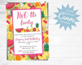 Second Birthday Party Invitation, Two-tti Fruity Birthday, Fruit Theme Party, 2nd Birthday, Editable, Instant Download