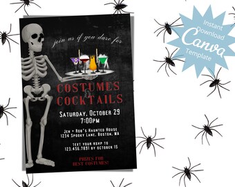 Editable Halloween Party Invitation, Costumes and Cocktails, Adult Halloween Party, Skeleton Halloween Invitation, Instant Download Template