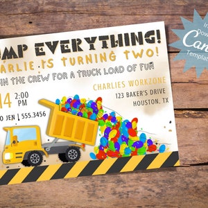 Editable Construction Invitation, Dump Truck Birthday Invitation, Dump Everything Party Invite, Printable Template, Digital Instant Download