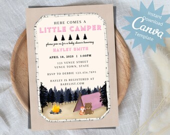 Little Camper Baby Shower Invitation, Camper Invite, Woodland Animals Baby Shower, Pink Tan Camping Invitation, Editable Instant Download