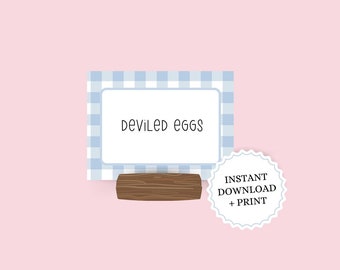 Blue Gingham Food, Name, and Table Cards | Easter, Spring Dinner or Brunch Party Decorations | Instant Download, Printable Food Label Cards