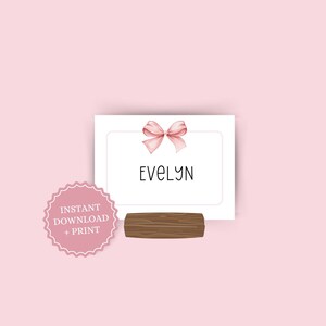 Cartões de visita e etiquetas de alimentos com laço rosa para impressão | Cartões de nome femininos com arco para chá de panela, chá de bebê, dia dos namorados | Decoração de festa para impressão