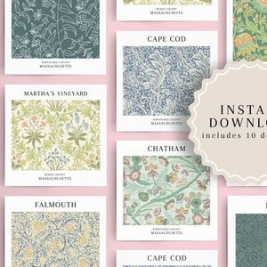 Peut inclure: Une collection de 10 motifs numériques imprimables avec des motifs floraux inspirés de différentes villes du Cap Cod, dans le Massachusetts. Les motifs comprennent les noms des villes, comme Eastham, Chatham et Hyannis.