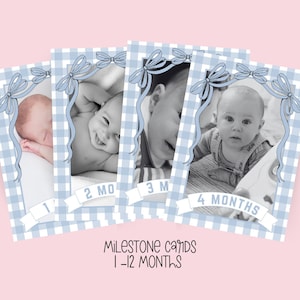 Custom Baby Milestone Cards for First 1st Birthday Party | Blue Gingham Baby Boy Birthday Cards | Printable Monthly Milestone Cards