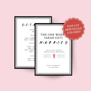 Freunde Thema Junggesellinnenabschied Einladung mit Details Vorlage | Sofortiger Download und ausdruckbare Einladungen für das Bachelorette Wochenende