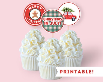 Printable Christmas In July Cupcake Toppers | Instant Download Decorations for July Christmas Party | Treat Toppers, Table Decor, Festive