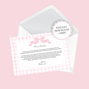 Tarjetas de agradecimiento de coqueta editables para despedida de soltera, baby shower, fiesta de cumpleaños / personalizada, lazo rosa imprimible, cartas de agradecimiento de guinga