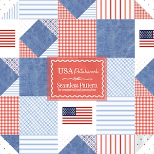 May include: A patchwork design featuring squares of red gingham, blue denim, and white with red and blue stripes and stars. The design includes the text "USA Patchwork Seamless Pattern" and American flags, perfect for patriotic projects.