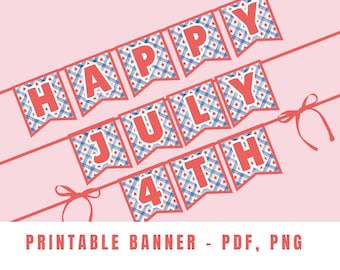 Utskrivbar 4 juli-festbanderoll | Glad 4 juli-festdekorationer | Röd, vit och blå, patriotisk dekoration | Fjärde juli, självständighetsdagen