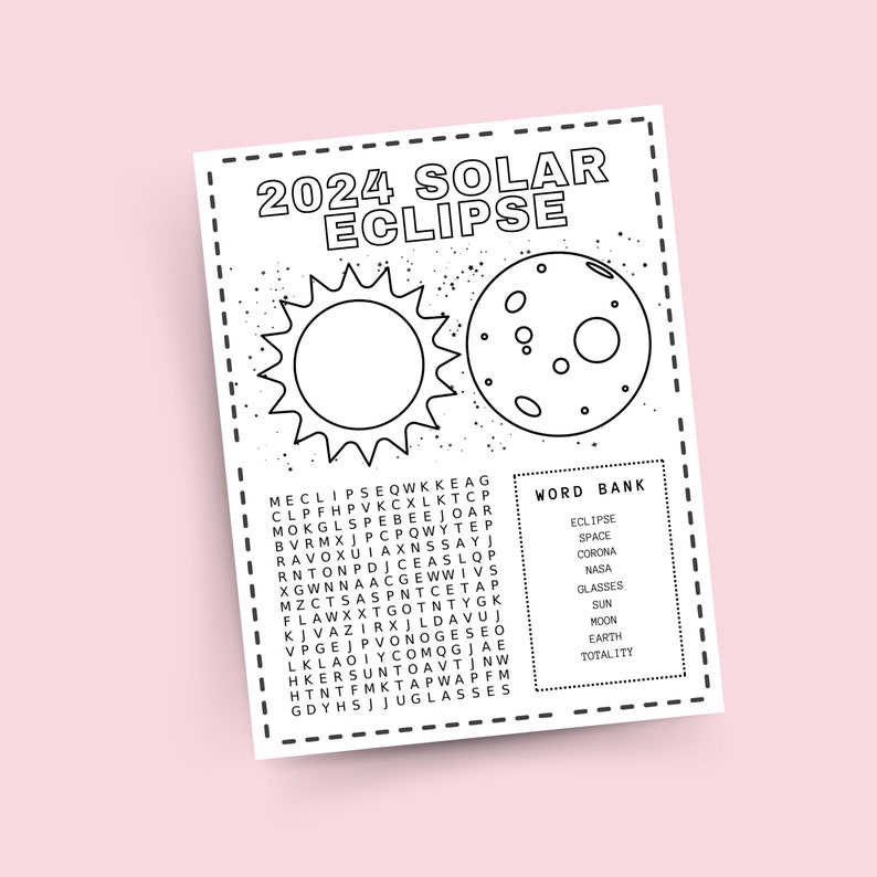 Printable 2024 Total Solar Eclipse Coloring Activity Sheets Word Search ...