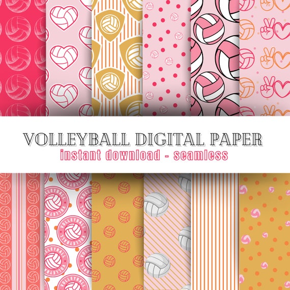 Instant Download Volleyball Digital Paper Bundle, Seamless | Colorful, Pink, Girly Volleyball Player Patterns for Scrapbooking, Crafting