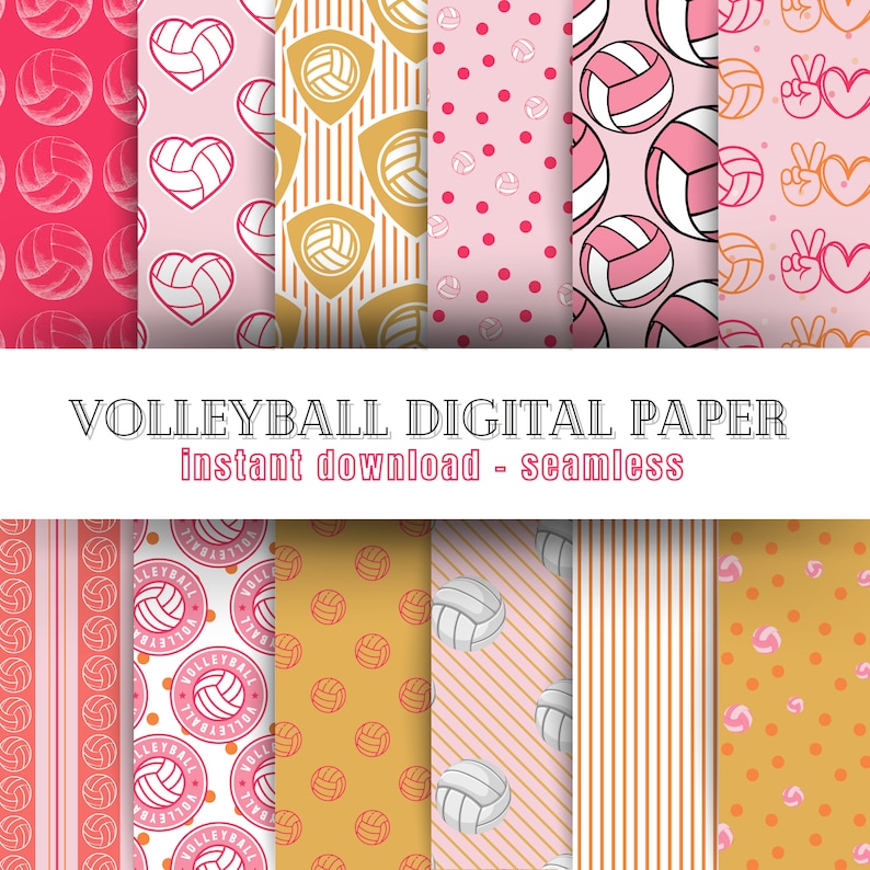 Instant Download Volleyball Digital Paper Bundle, Seamless | Colorful, Pink, Girly Volleyball Player Patterns for Scrapbooking, Crafting image 1