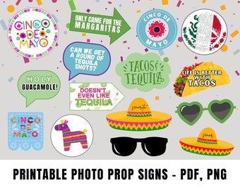 May include: Printable photo booth props for a Cinco de Mayo party. The props feature colorful designs and text such as "Holy Guacamole!" and "Tacos & Tequila".