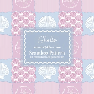 May include: A seamless pattern design with a repeating motif of seashells, sand dollars, and striped elements in pink, white, and blue. The design includes the text "Shells" and "Seamless Pattern for commercial and personal use".
