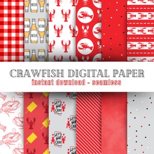 May include: A set of 10 digital papers featuring crawfish, beer bottles, and red and white gingham patterns. The papers are seamless and ideal for crafting projects.