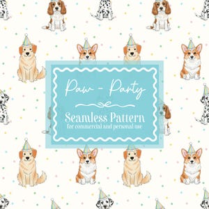 May include: A seamless pattern featuring various dog breeds, including Golden Retrievers, Corgis, Dalmatians, and Spaniels, all wearing party hats. The design includes the text "Paw-Party" and "Seamless Pattern" on a light blue background with colorful polka dots.