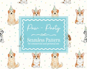 Molde de festa de aniversário de cachorrinho sem costura | Papel digital, chapéus, cocker spaniel, golden retriever, corgi, dálmata | Uso comercial