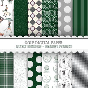 Paquete de papeles digitales con temática de golf: patrones y diseños sin costuras de golf de descarga instantánea para scrapbooking, manualidades, tarjetas y papel tapiz.
