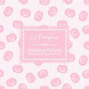 Peut inclure: Motif sans couture avec des citrouilles roses claires sur un fond rayé. Le motif comprend un cadre rectangulaire rose avec le texte "Lil Pumpkin" et "Seamless Pattern for commercial and personal use."