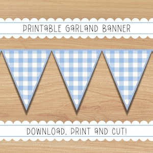 Può includere: Banner di ghirlanda stampabile con motivo a quadri blu e bianchi. Lo striscione dice "Printable Garland Banner" e "Download, Print and Cut!"